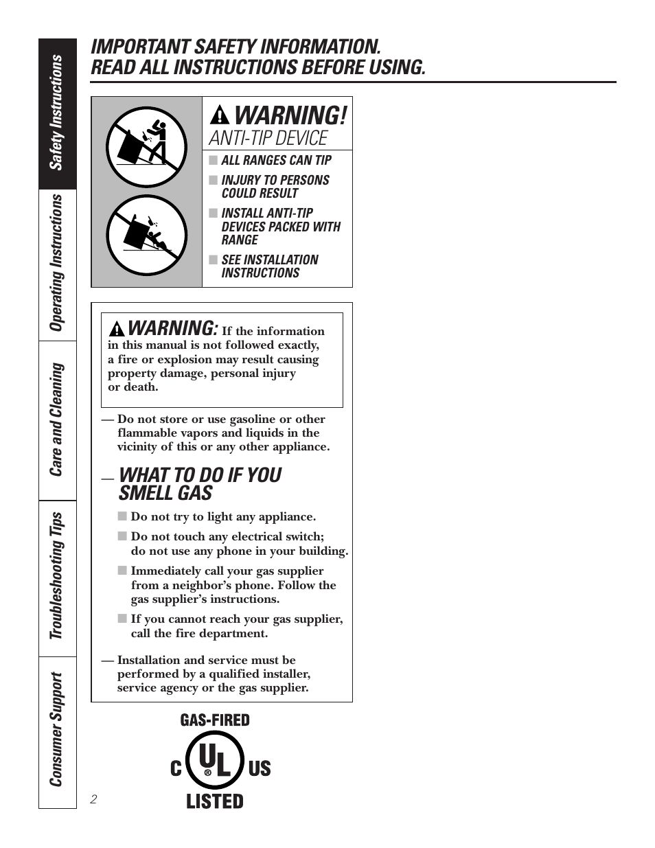 Safety instructions, What to do if you smell gas, Warning | Anti-tip device | GE 49-80535-1 User Manual | Page 2 / 36