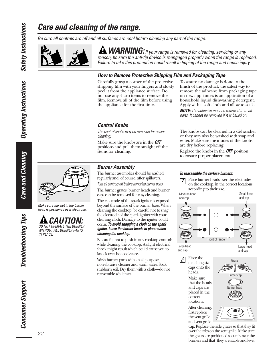Burner assembly, Knobs, Packaging tape | Care and cleaning of the range, Warning, Caution | GE 49-80535-1 User Manual | Page 22 / 36