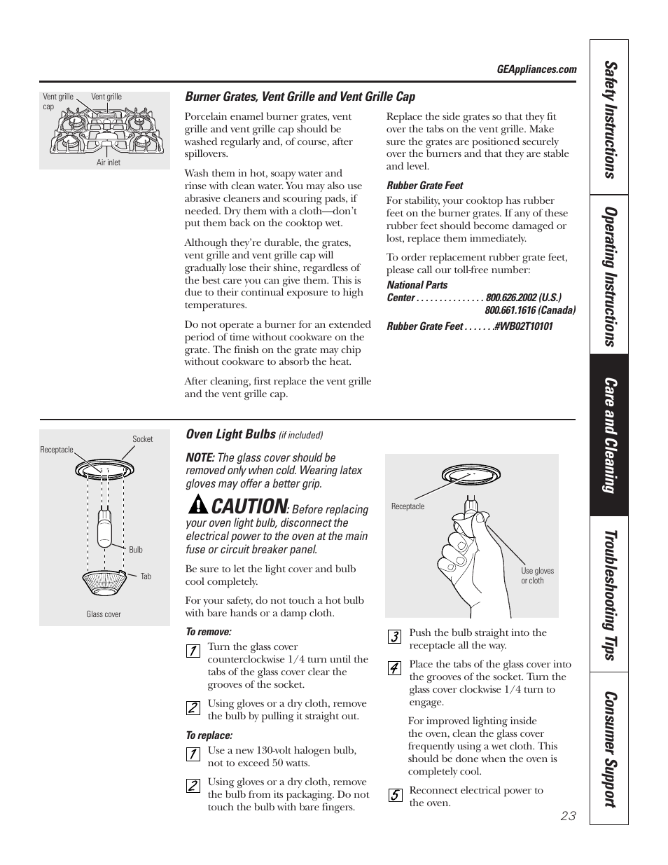 Burner grates, vent grille and vent grille cap, Light bulbs, Light bulbs , 24 | Caution | GE 49-80535-1 User Manual | Page 23 / 36