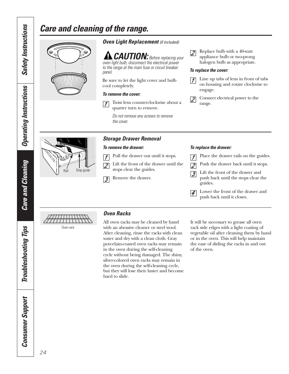 Racks, Storage drawer, Care and cleaning of the range | Caution | GE 49-80535-1 User Manual | Page 24 / 36