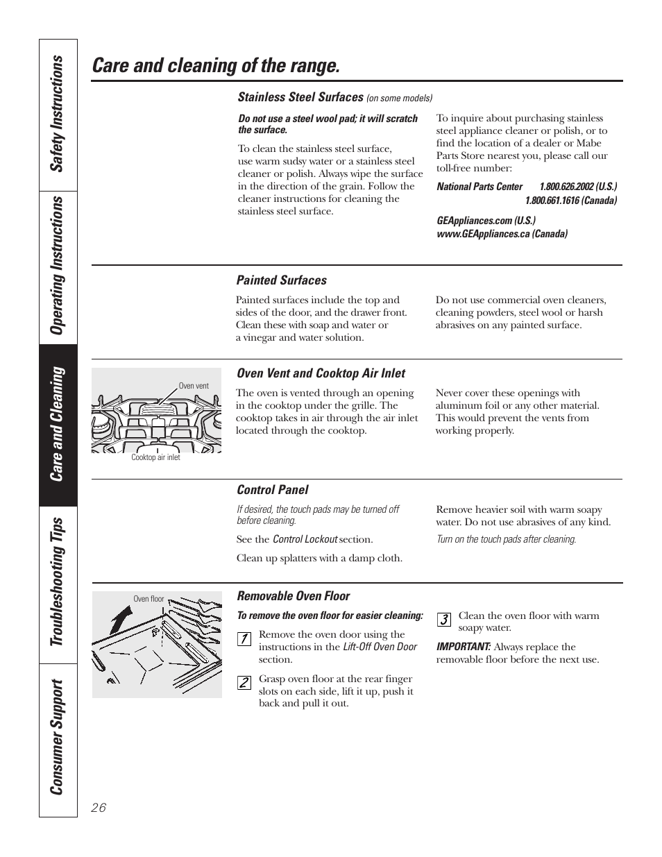 Control panel, Floor, Oven vent and cooktop air inlet | Painted surfaces, Stainless steel surfaces, Vent, Care and cleaning of the range | GE 49-80535-1 User Manual | Page 26 / 36