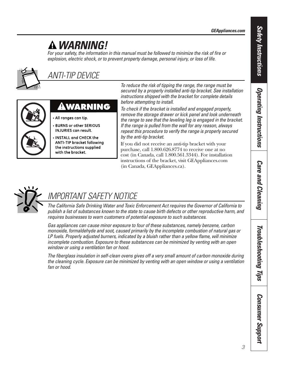 Warning, Important safety notice, Anti-tip device | GE 49-80535-1 User Manual | Page 3 / 36