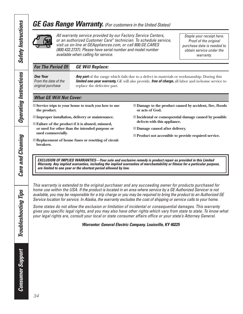 Warranty for customers in the u.s.a, Ge gas range warranty | GE 49-80535-1 User Manual | Page 34 / 36