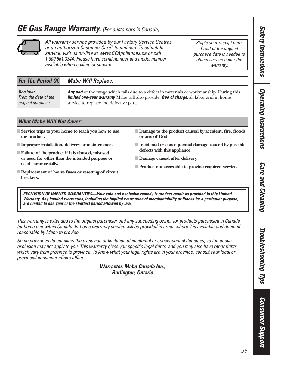 Warranty for customers in canada, Ge gas range warranty | GE 49-80535-1 User Manual | Page 35 / 36