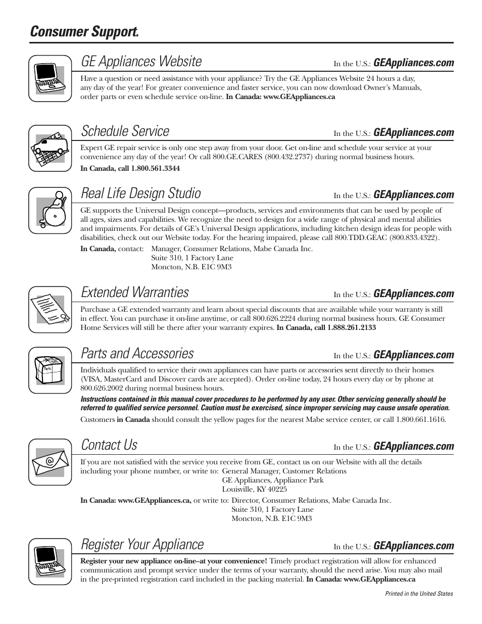 Consumer support, Consumer support . . . . . . back cover, Consumer support. ge appliances website | Schedule service, Real life design studio, Extended warranties, Parts and accessories, Contact us, Register your appliance | GE 49-80535-1 User Manual | Page 36 / 36