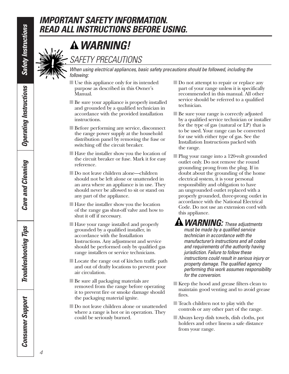 Warning, Safety precautions | GE 49-80535-1 User Manual | Page 4 / 36