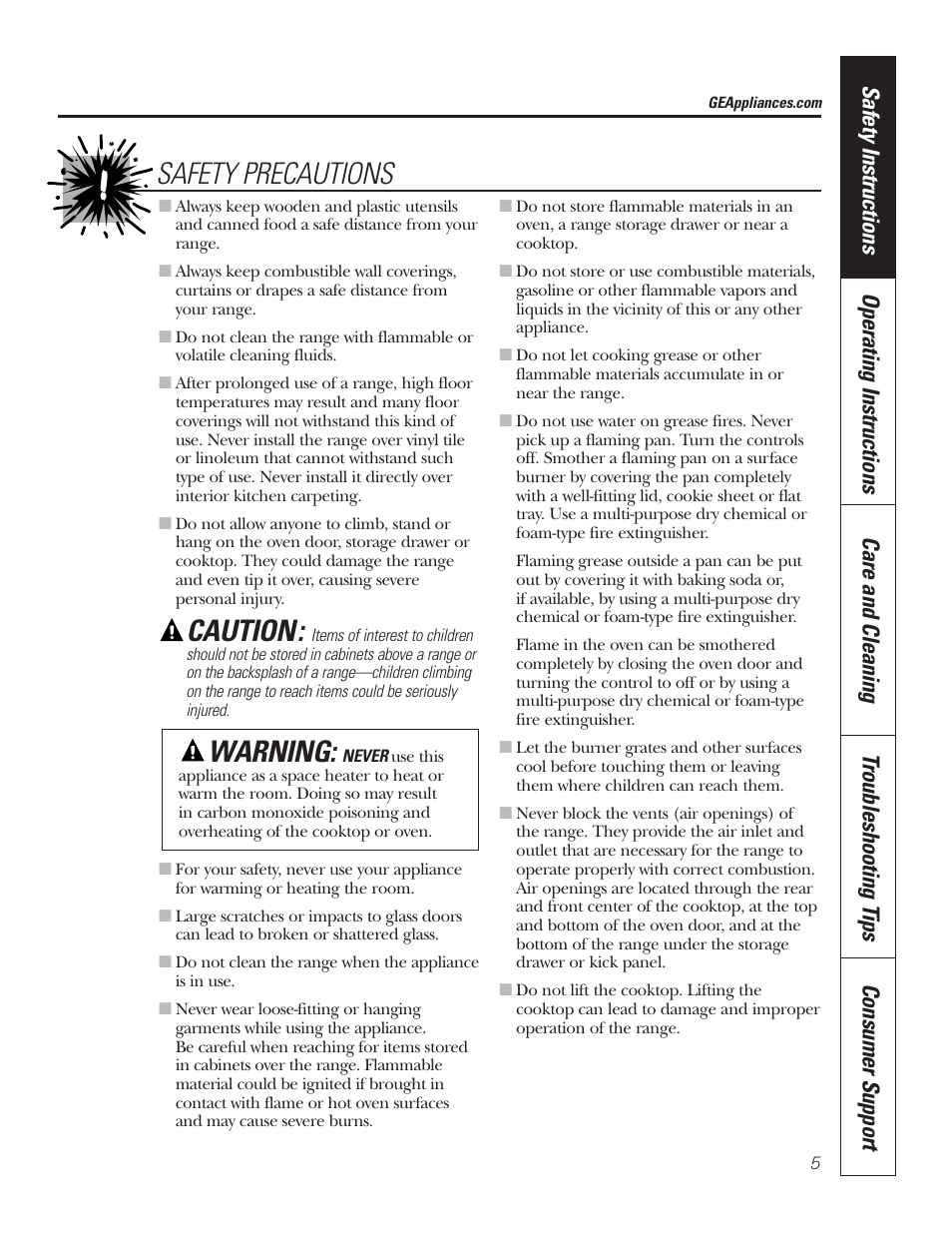 Caution, Safety precautions warning | GE 49-80535-1 User Manual | Page 5 / 36