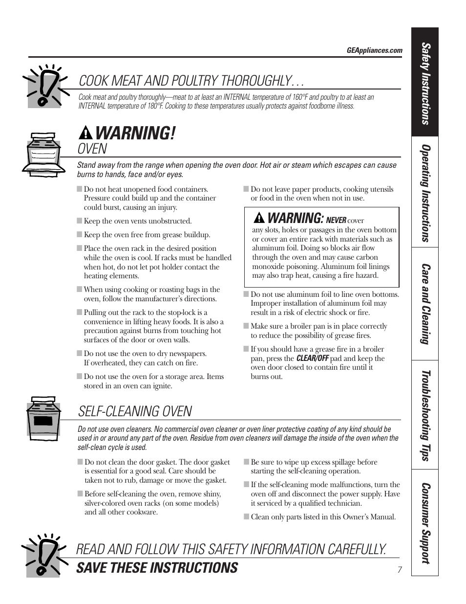 Warning, Self-cleaning oven, Oven | Cook meat and poultry thoroughly… warning | GE 49-80535-1 User Manual | Page 7 / 36