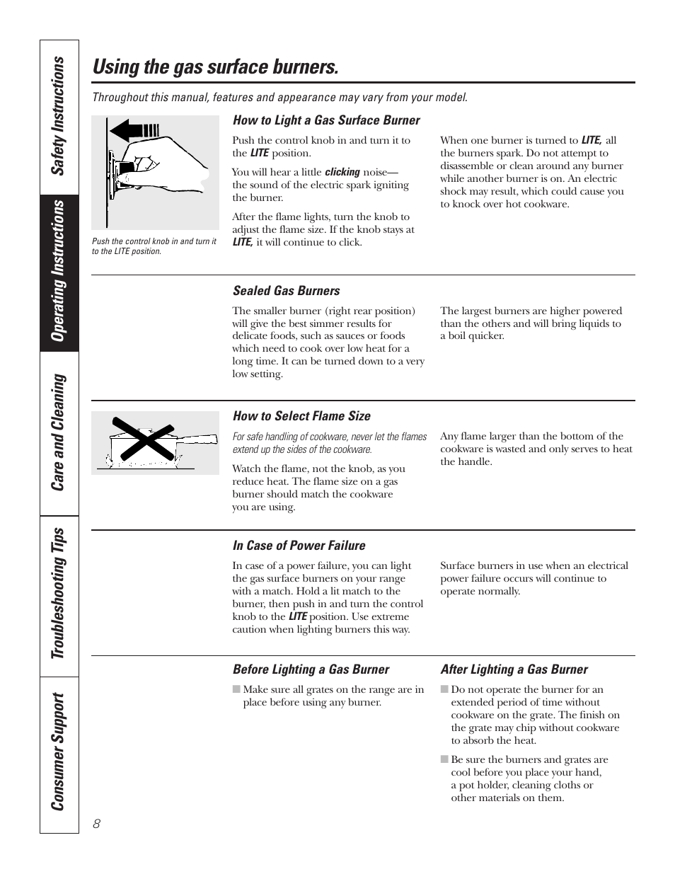 Surface burners, Surface burners , 9, Using the gas surface burners | GE 49-80535-1 User Manual | Page 8 / 36