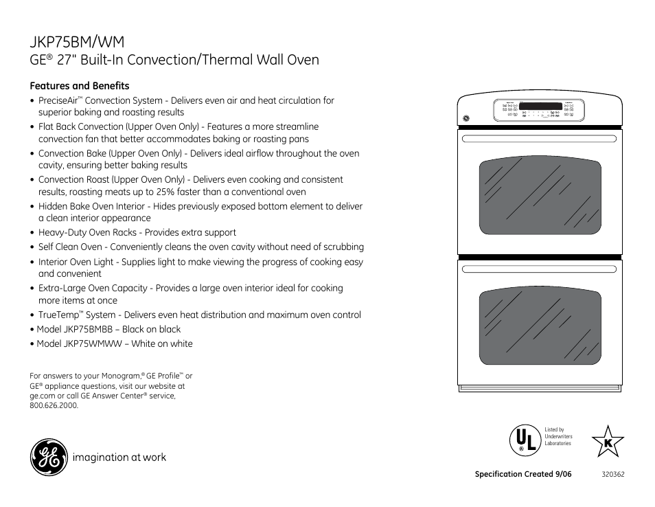 Jkp75bm/wm, 27" built-in convection/thermal wall oven, Jkp75wm/bm | Features and benefits | GE JKP75BMBB User Manual | Page 2 / 2