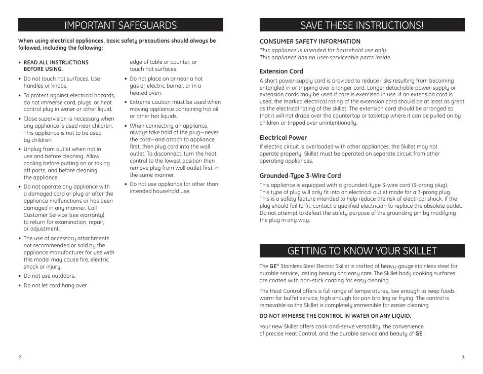 Important safeguards, Save these instructions, Getting to know your skillet | GE 681131689489 User Manual | Page 2 / 4
