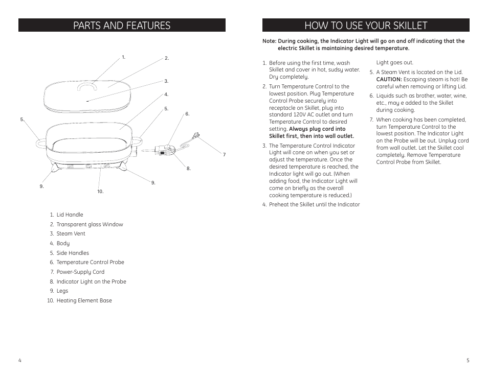 Parts and features, How to use your skillet | GE 681131689489 User Manual | Page 3 / 4