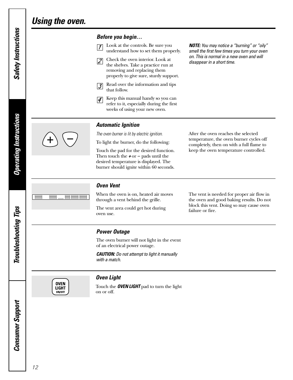 Ignition, Light, Vent | Ignition light, Using the oven | GE JGRS06 User Manual | Page 12 / 32