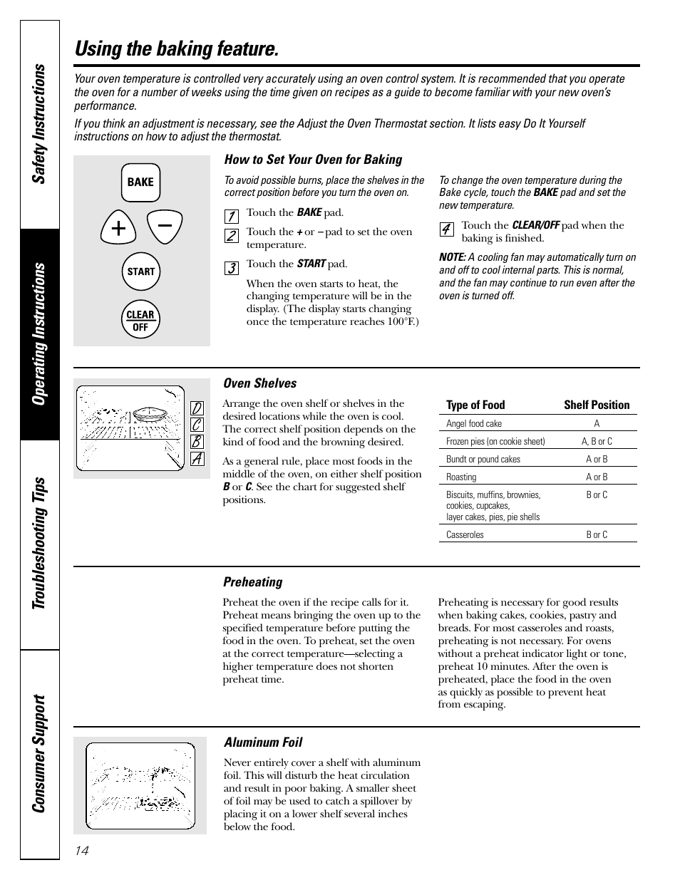 Aluminum foil, Baking feature, Preheating | Aluminum foil , 19 baking feature –15, Using the baking feature | GE JGRS06 User Manual | Page 14 / 32