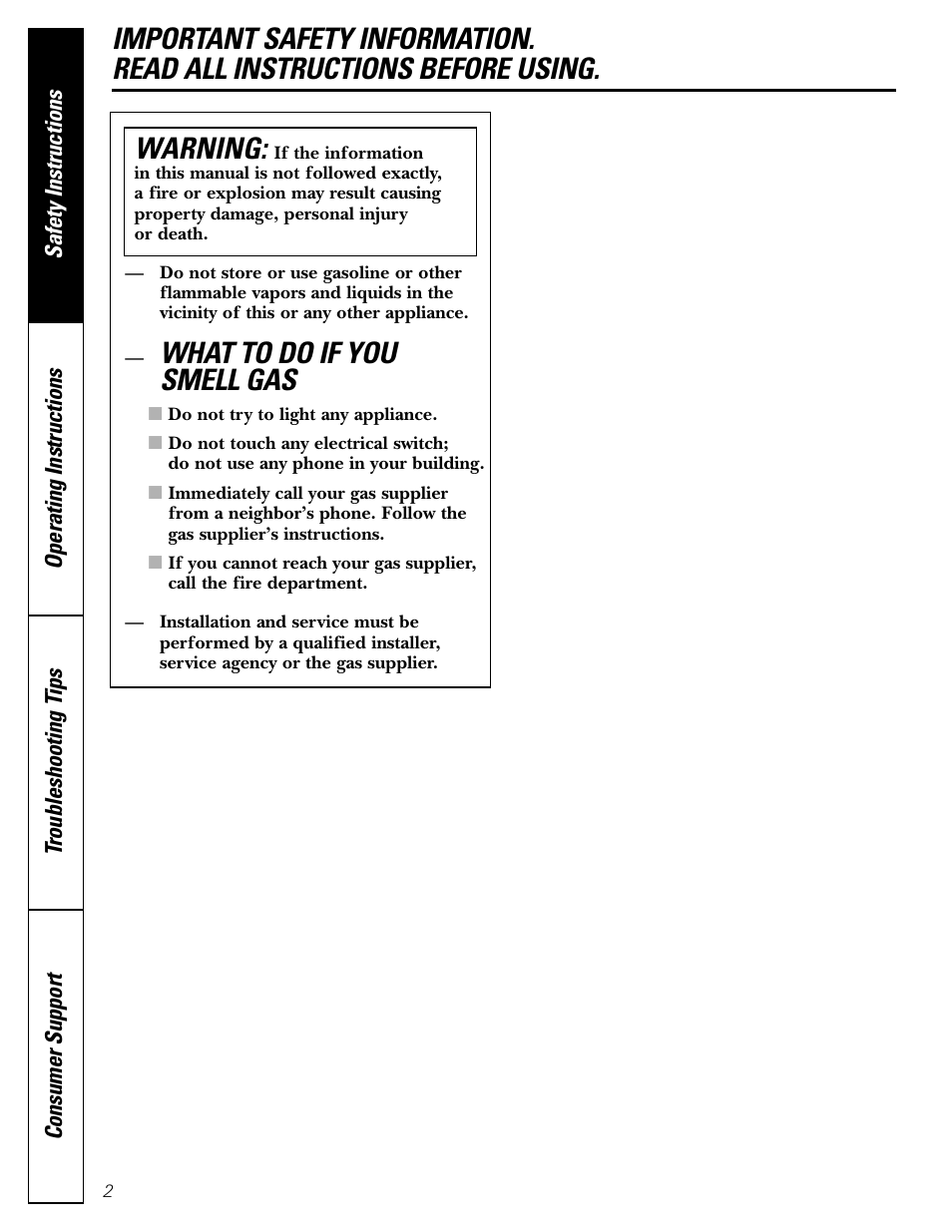 Safety instructions, What to do if you smell gas, Warning | GE JGRS06 User Manual | Page 2 / 32