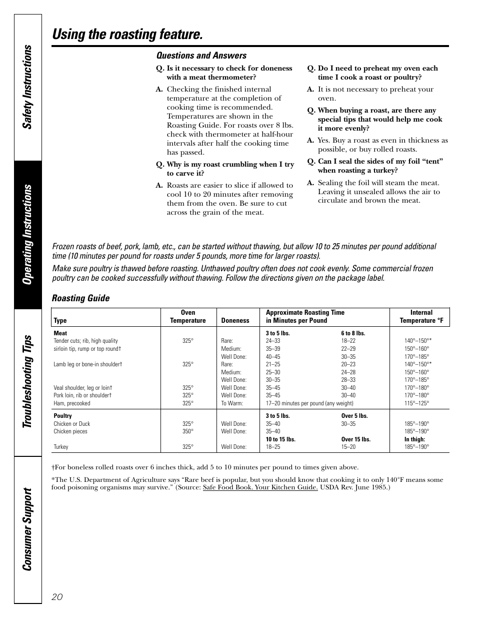 Using the roasting feature, 20 roasting guide, Questions and answers | GE JGRS06 User Manual | Page 20 / 32