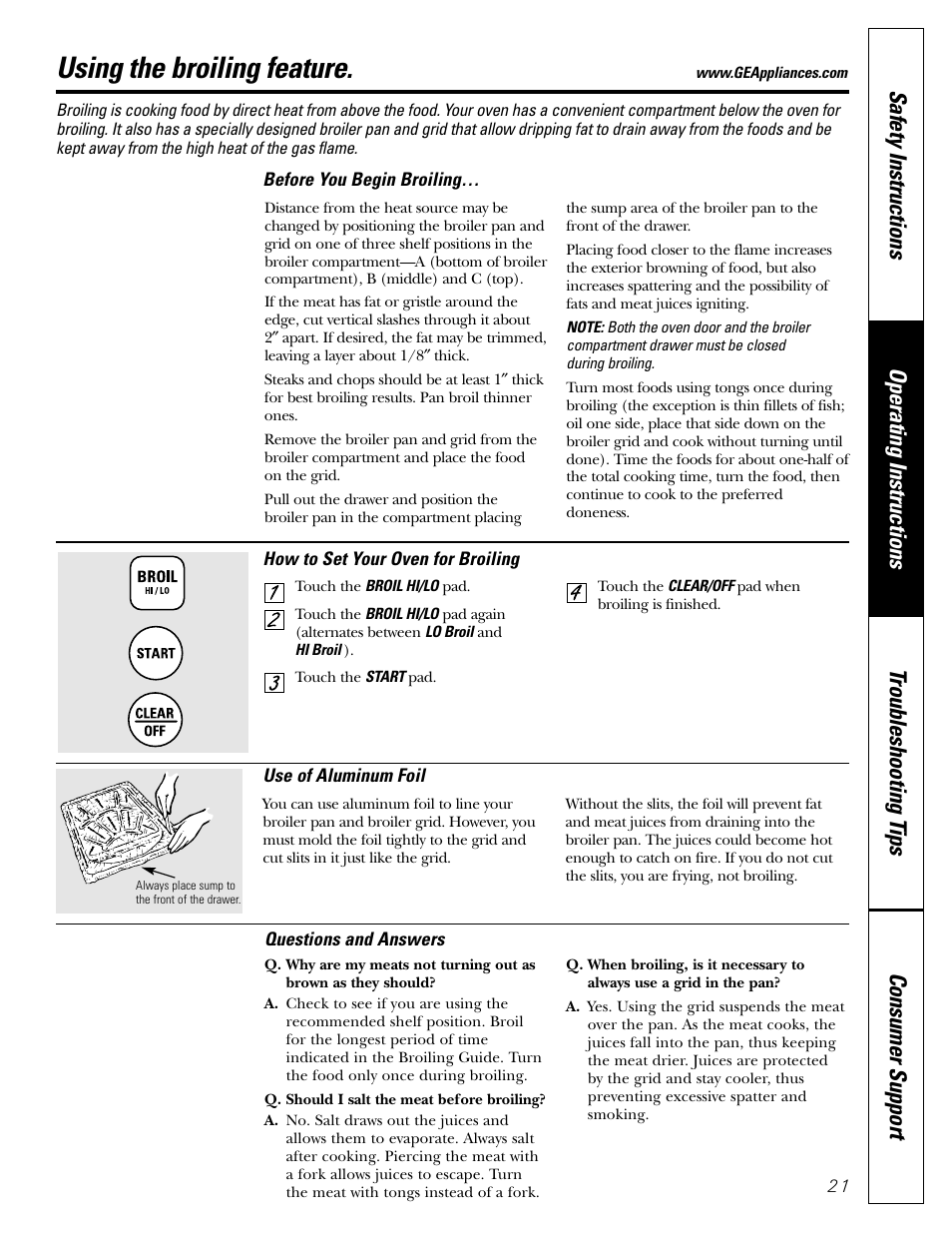 Broiling feature, Broiling feature –22, Using the broiling feature | GE JGRS06 User Manual | Page 21 / 32