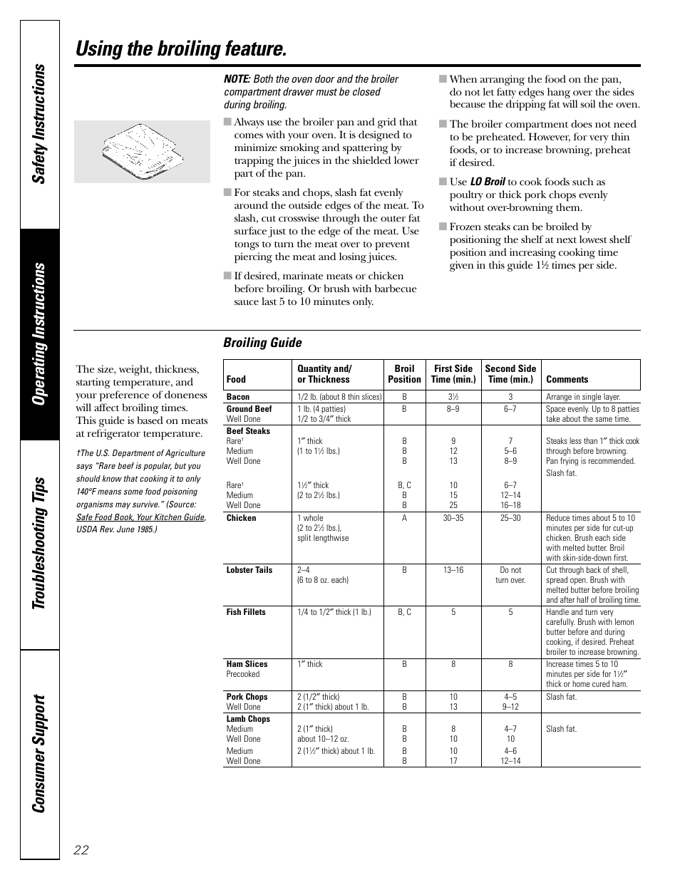 Using the broiling feature, Broiling guide | GE JGRS06 User Manual | Page 22 / 32