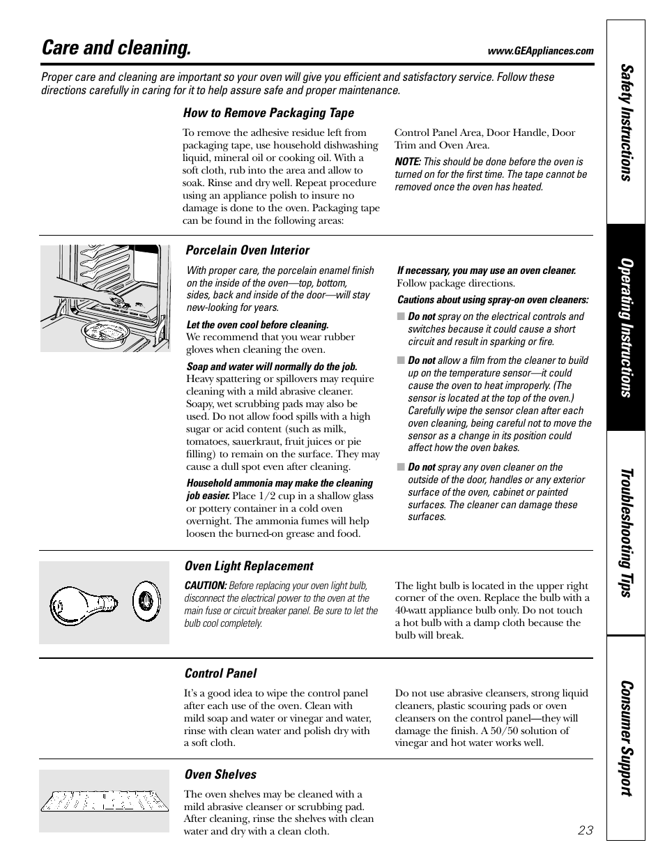 Control panel, Light replacement, Oven interior | Shelves, Care and cleaning | GE JGRS06 User Manual | Page 23 / 32