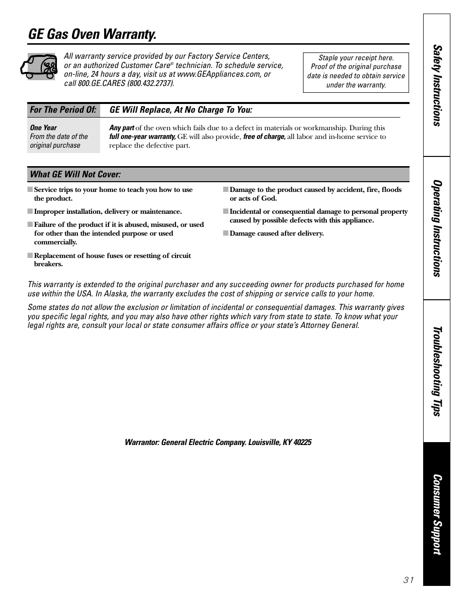 Warranty, Ge gas oven warranty | GE JGRS06 User Manual | Page 31 / 32