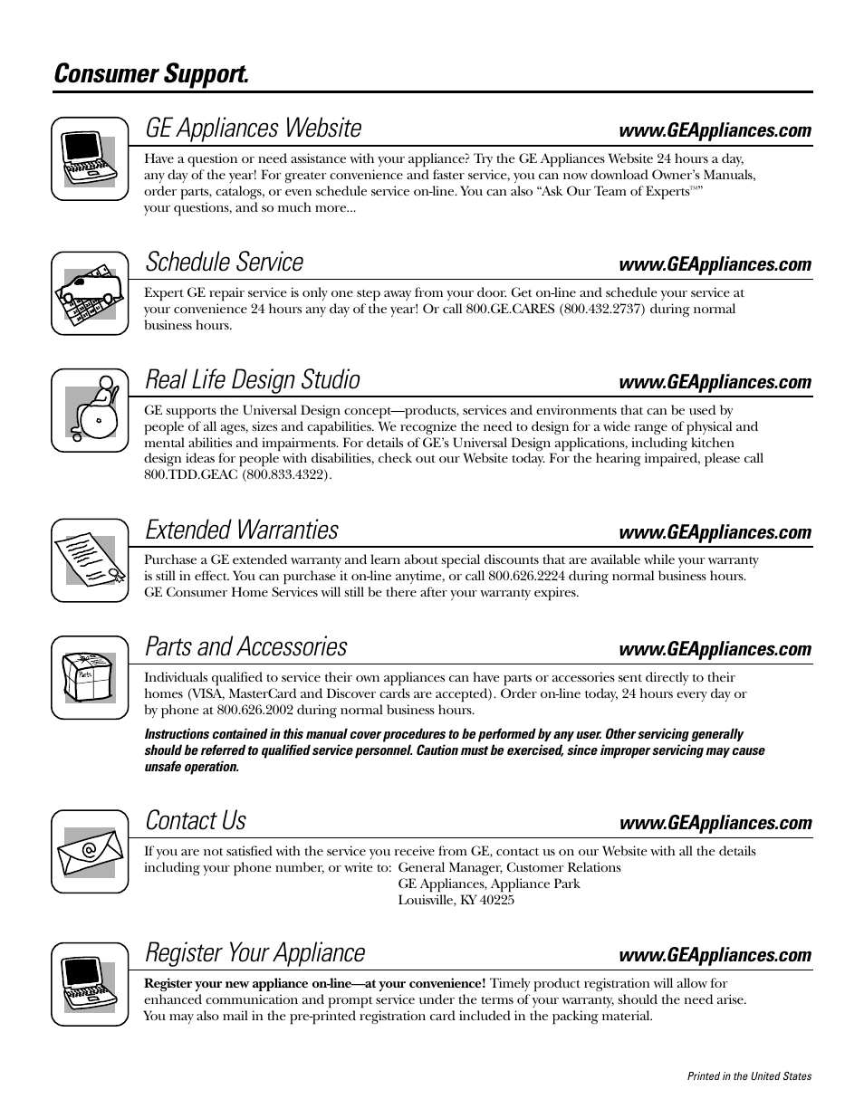 Consumer support, Consumer support . .back cover, Register your appliance | Consumer support. ge appliances website, Schedule service, Real life design studio, Extended warranties, Parts and accessories, Contact us | GE JGRS06 User Manual | Page 32 / 32