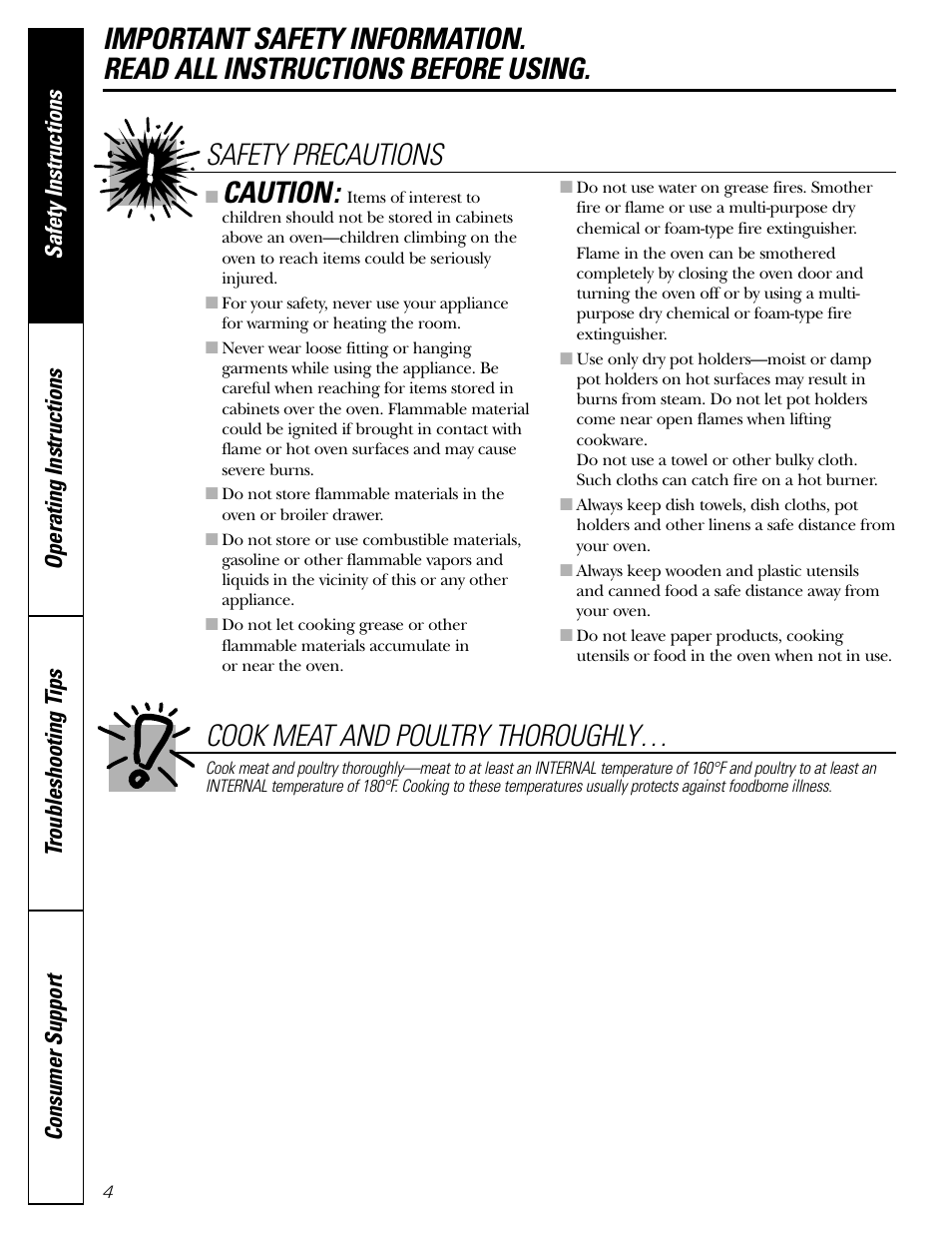 Caution, Safety precautions, Cook meat and poultry thoroughly | GE JGRS06 User Manual | Page 4 / 32