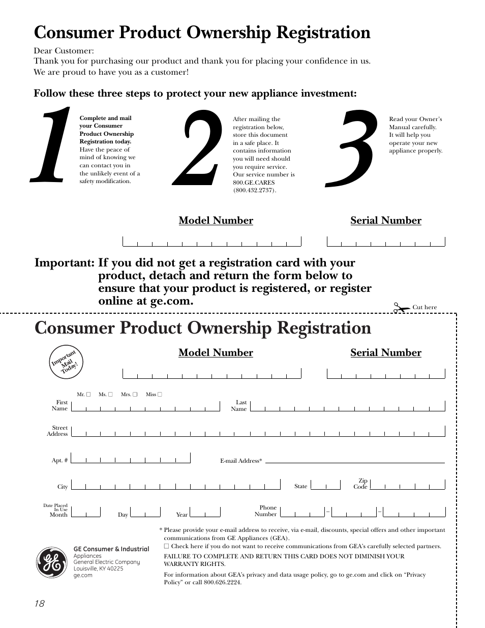 Consumer product ownership registration, Model number serial number | GE 12 User Manual | Page 18 / 20