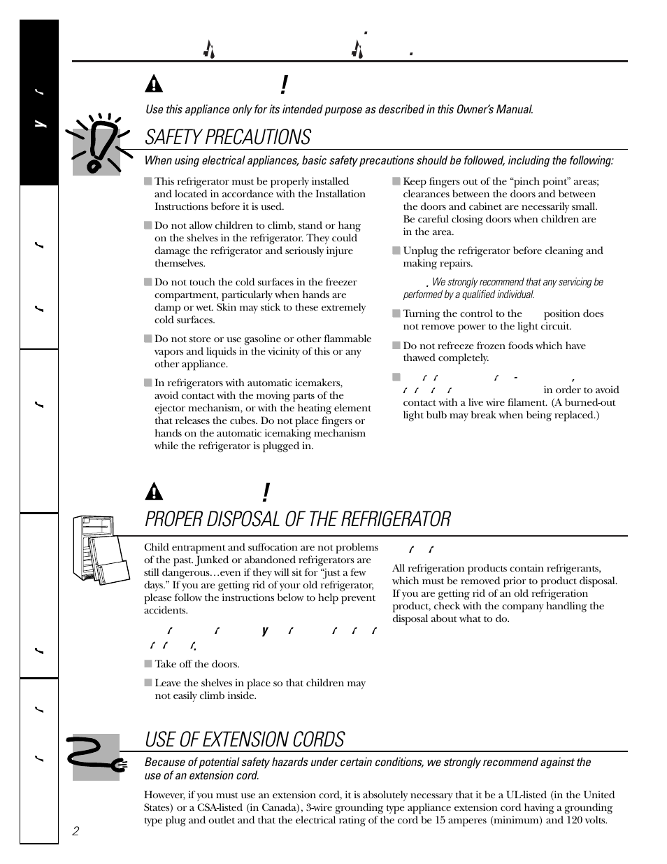Safety instructions, Warning, Danger! risk of child entrapment | Safety precautions, Proper disposal of the refrigerator, Use of extension cords | GE 12 User Manual | Page 2 / 20