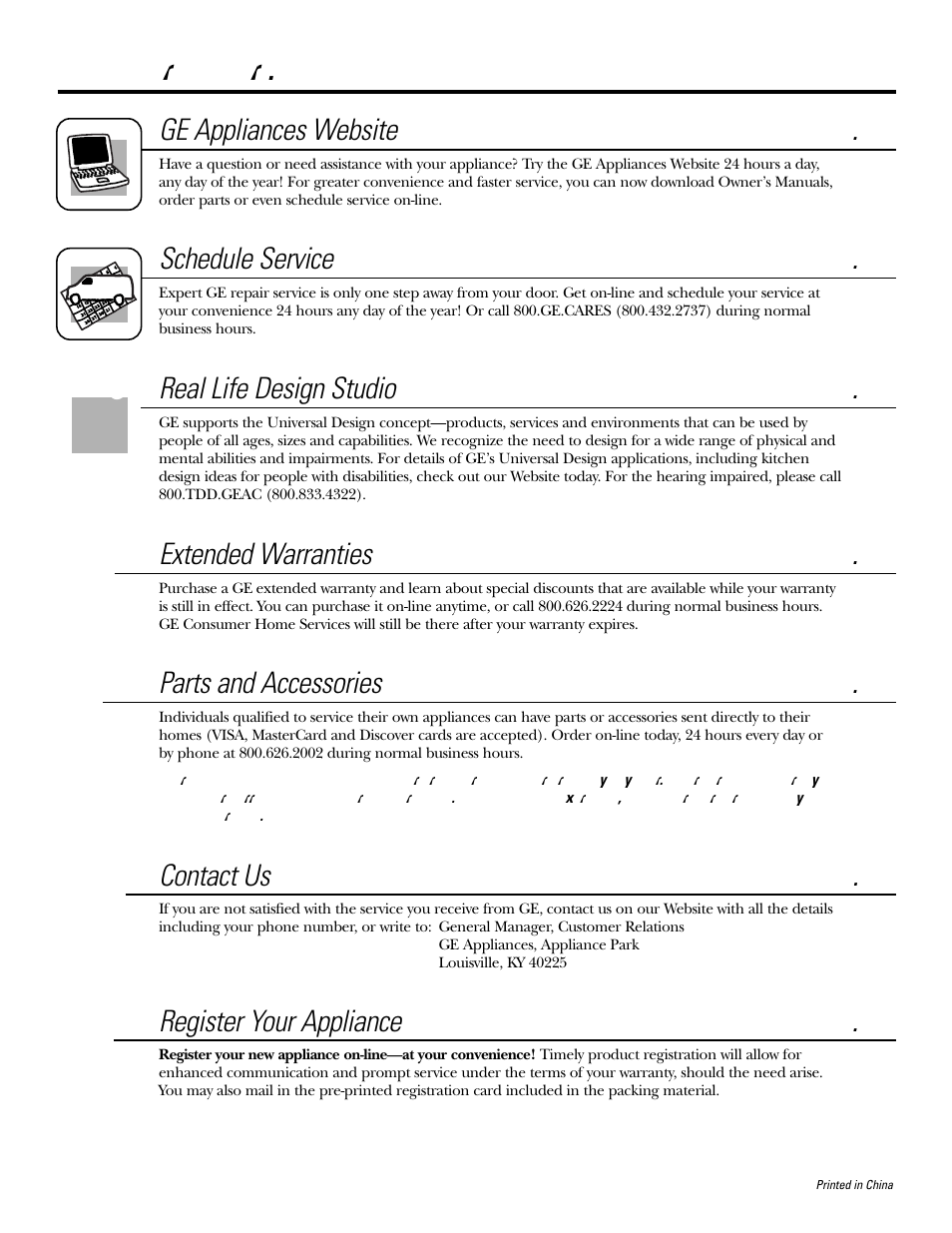 Consumer support, Consumer support . . . back cover, Consumer support. ge appliances website | Schedule service, Real life design studio, Extended warranties, Parts and accessories, Contact us, Register your appliance | GE 12 User Manual | Page 20 / 20