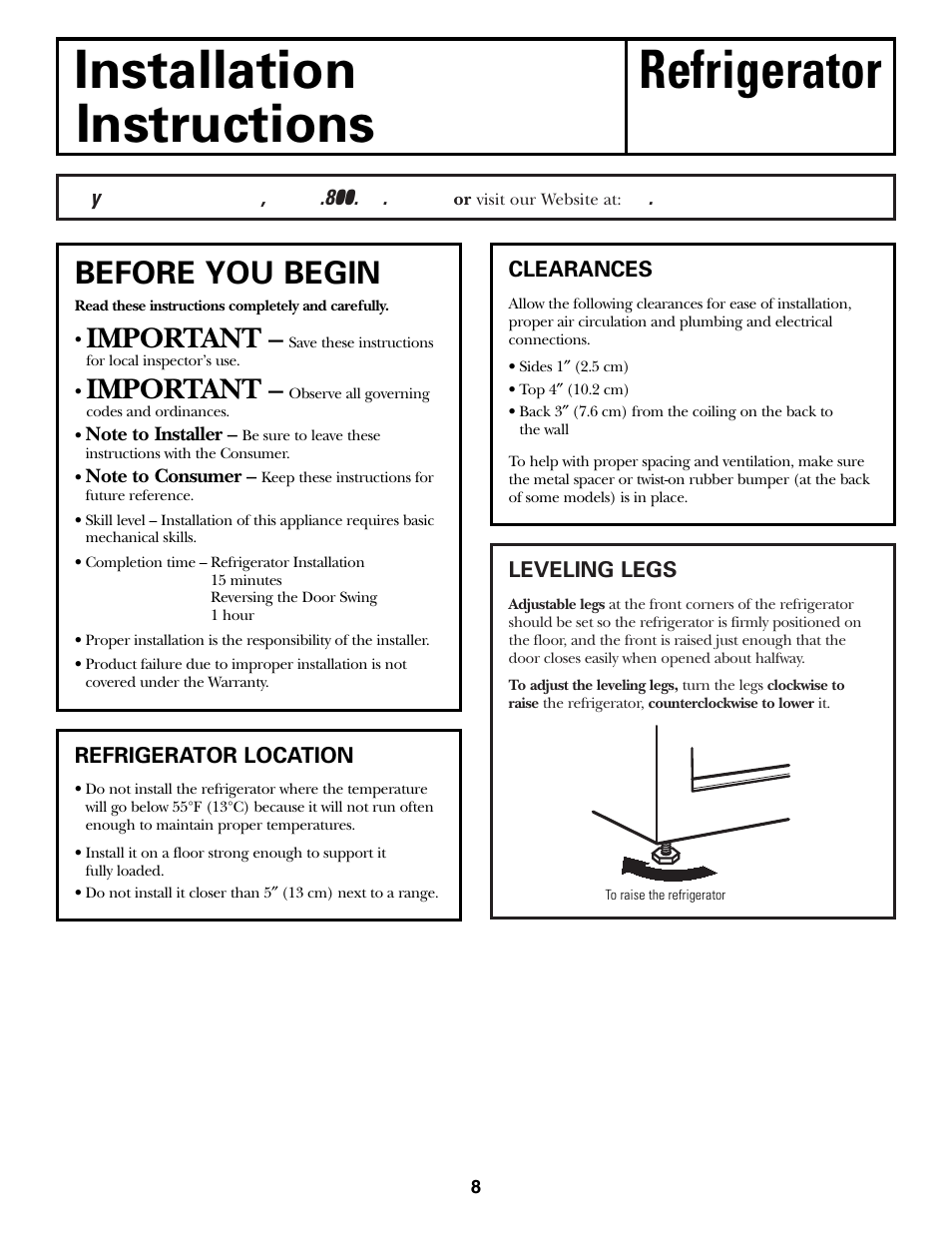 Preparing to install the refrigerator, Installation refrigerator instructions, Before you begin | Important, Models 11 and 12 | GE 12 User Manual | Page 8 / 20