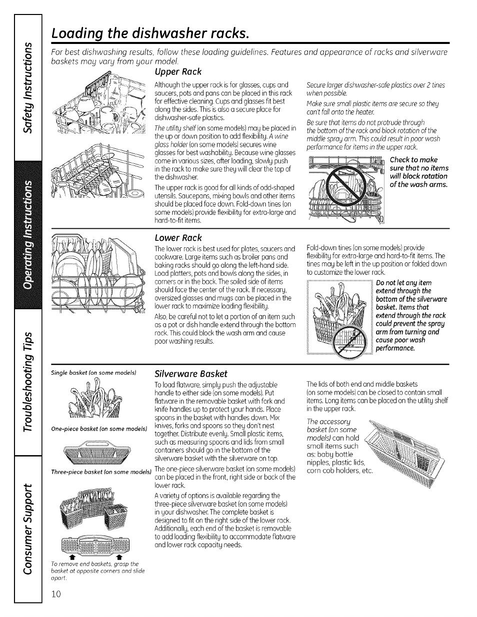 Upper rock, Lower rock, Loading the dishwasher racks | It.i\ir...... t. к 1 | GE EDWSO00 User Manual | Page 10 / 16