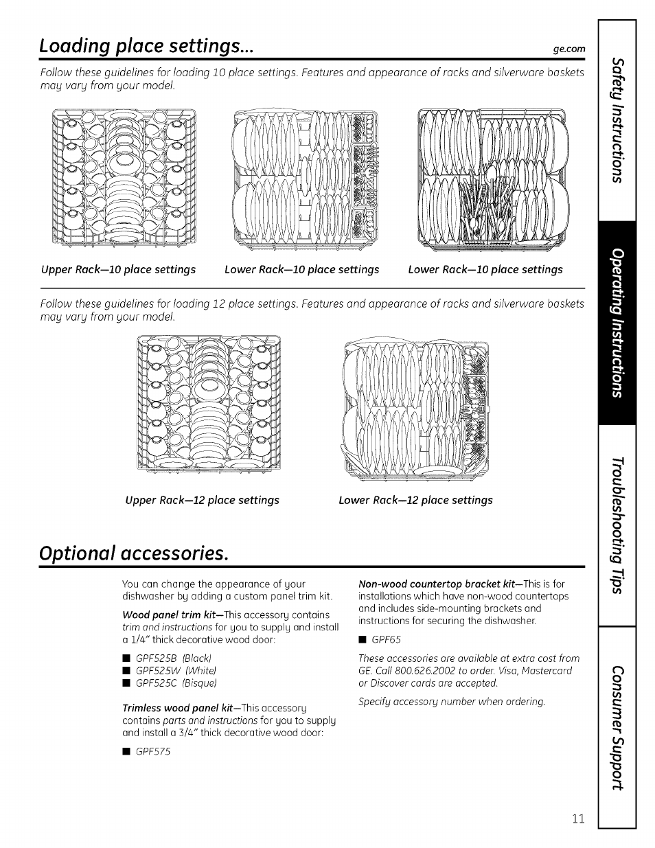 Optional accessories, Loading place settings | GE EDWSO00 User Manual | Page 11 / 16