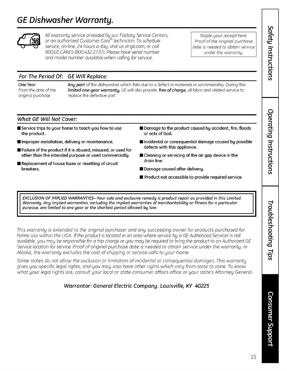 Ge dishwasher warranty, For the period of: ge will replace, What ge will not cover | GE EDWSO00 User Manual | Page 15 / 16