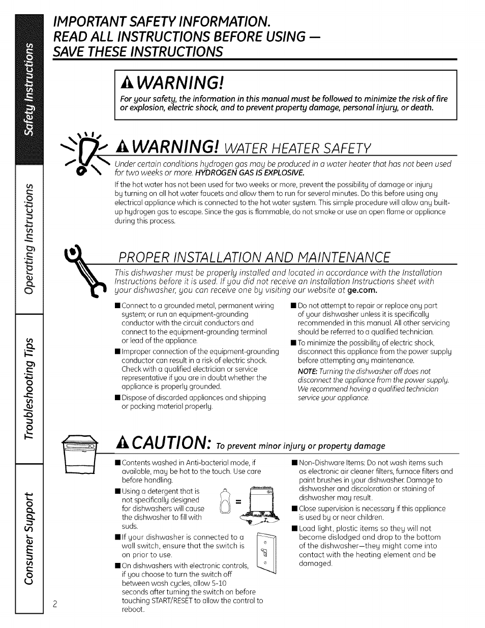 Important safety information, Awarning, Warning | Acaution, Water heater safety, Proper installation and maintenance | GE EDWSO00 User Manual | Page 2 / 16
