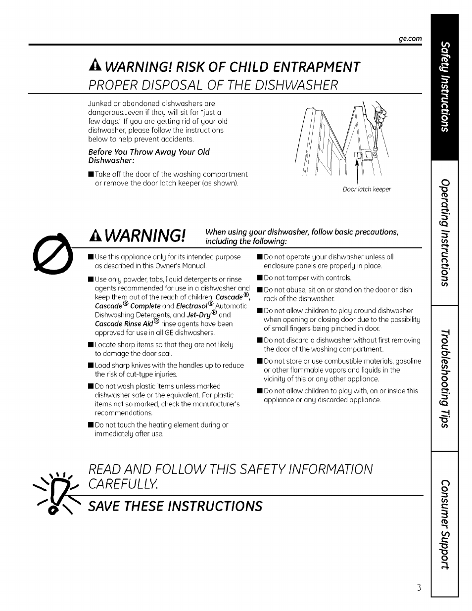 A warning! risk of child entrapment, Proper disposal of the dishwasher, Read and follow this safety information carefully | Save these instructions, A warning, Warning! risk of child entrapment | GE EDWSO00 User Manual | Page 3 / 16