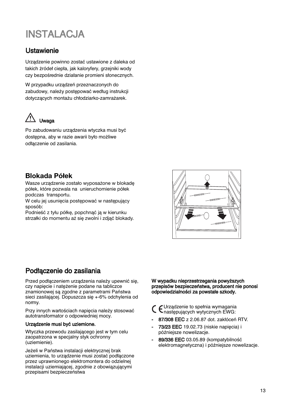 Iin ns st ta al la ac cj ja a, Uus stta aw wiie en niie e, Blokada półek | Electrolux ERN29651 User Manual | Page 13 / 84