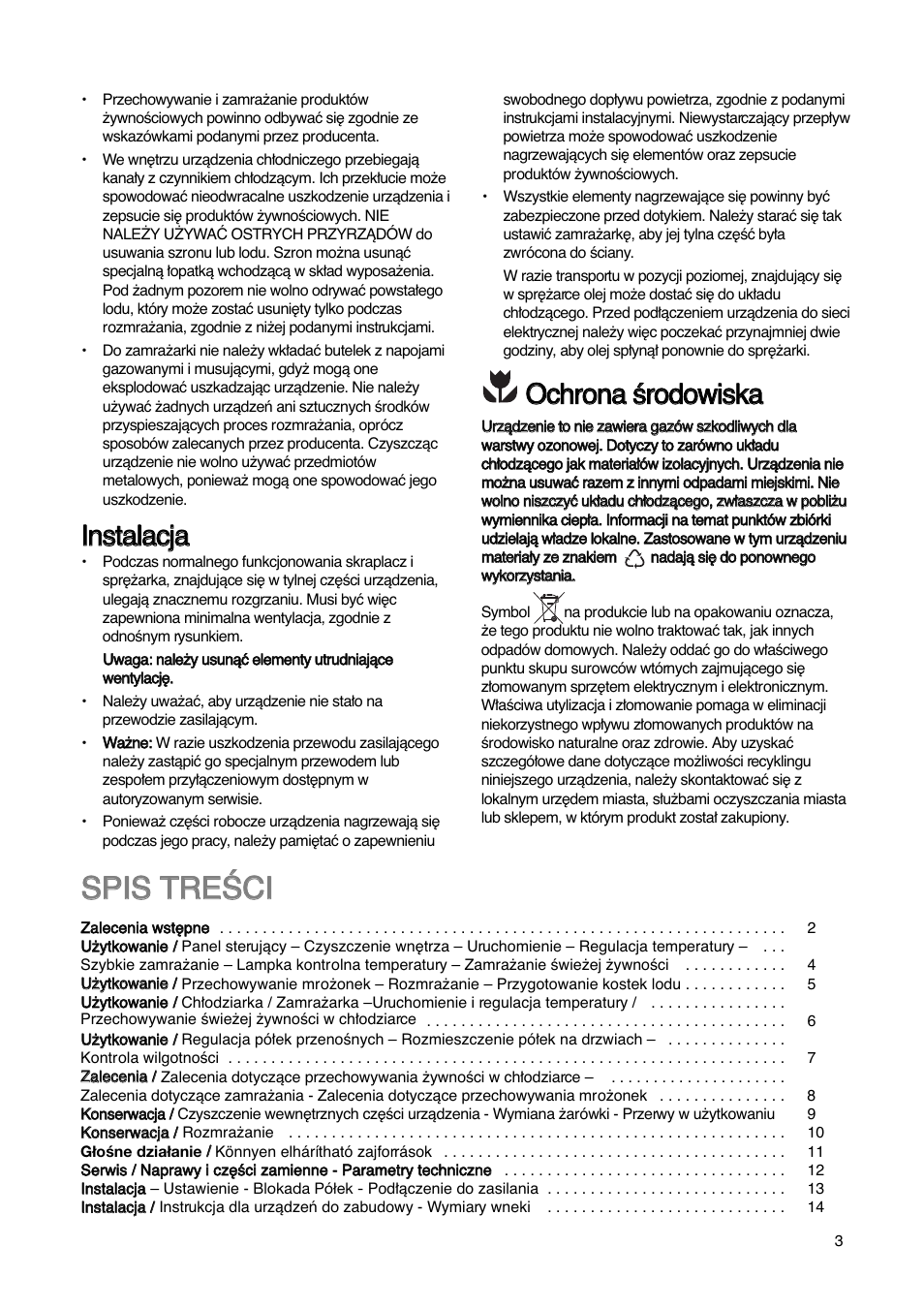 Ssp piis s t tr re eâ âc cii, Iin ns stta alla ac cjja a, Ooc ch hrro on na a ê êrro od do ow wiis sk ka a | Electrolux ERN29651 User Manual | Page 3 / 84