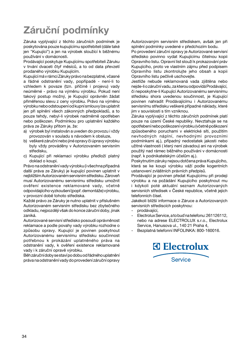 Z·ruënì podmìnky | Electrolux ERN29651 User Manual | Page 34 / 84