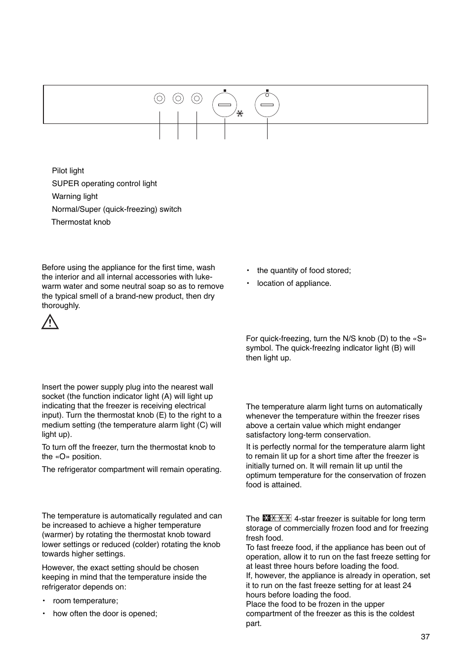 Ae d c b, Freezing fresh food, The temperature alarm light (c) | Cleaning the interior, Use of the freezer starting, Temperature regulation, Control panel, Quick-freezing | Electrolux ERN29651 User Manual | Page 37 / 84