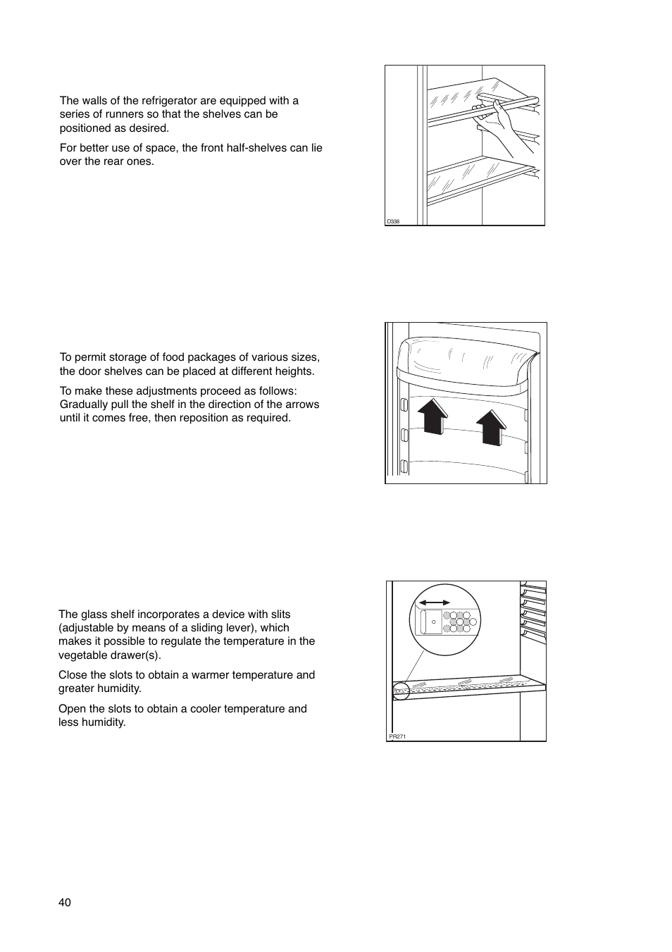 Positioning the door shelves, Movable shelves, Humidity control | Electrolux ERN29651 User Manual | Page 40 / 84