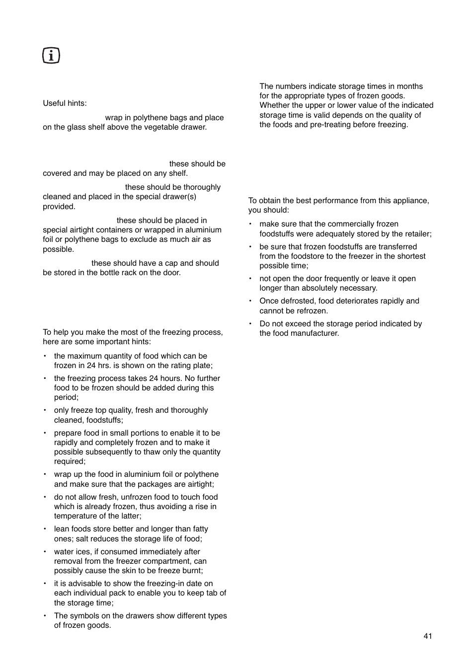 Hints, Hints for freezing, Hints for refrigeration | Hints for storage of frozen food | Electrolux ERN29651 User Manual | Page 41 / 84