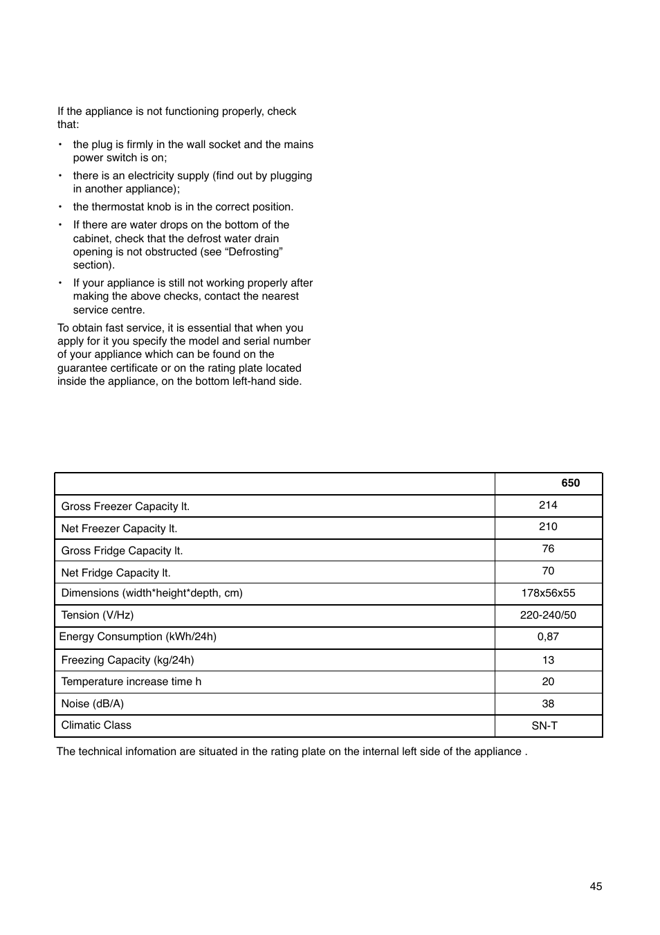 Technical information, Customer service and spare parts | Electrolux ERN29651 User Manual | Page 45 / 84