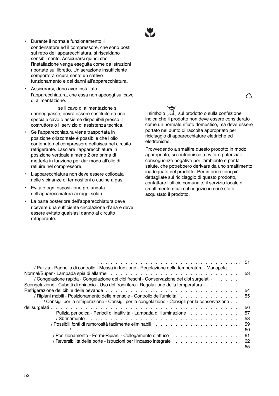 Indice, Protezione dell’ambiente, Installazione | Electrolux ERN29651 User Manual | Page 52 / 84
