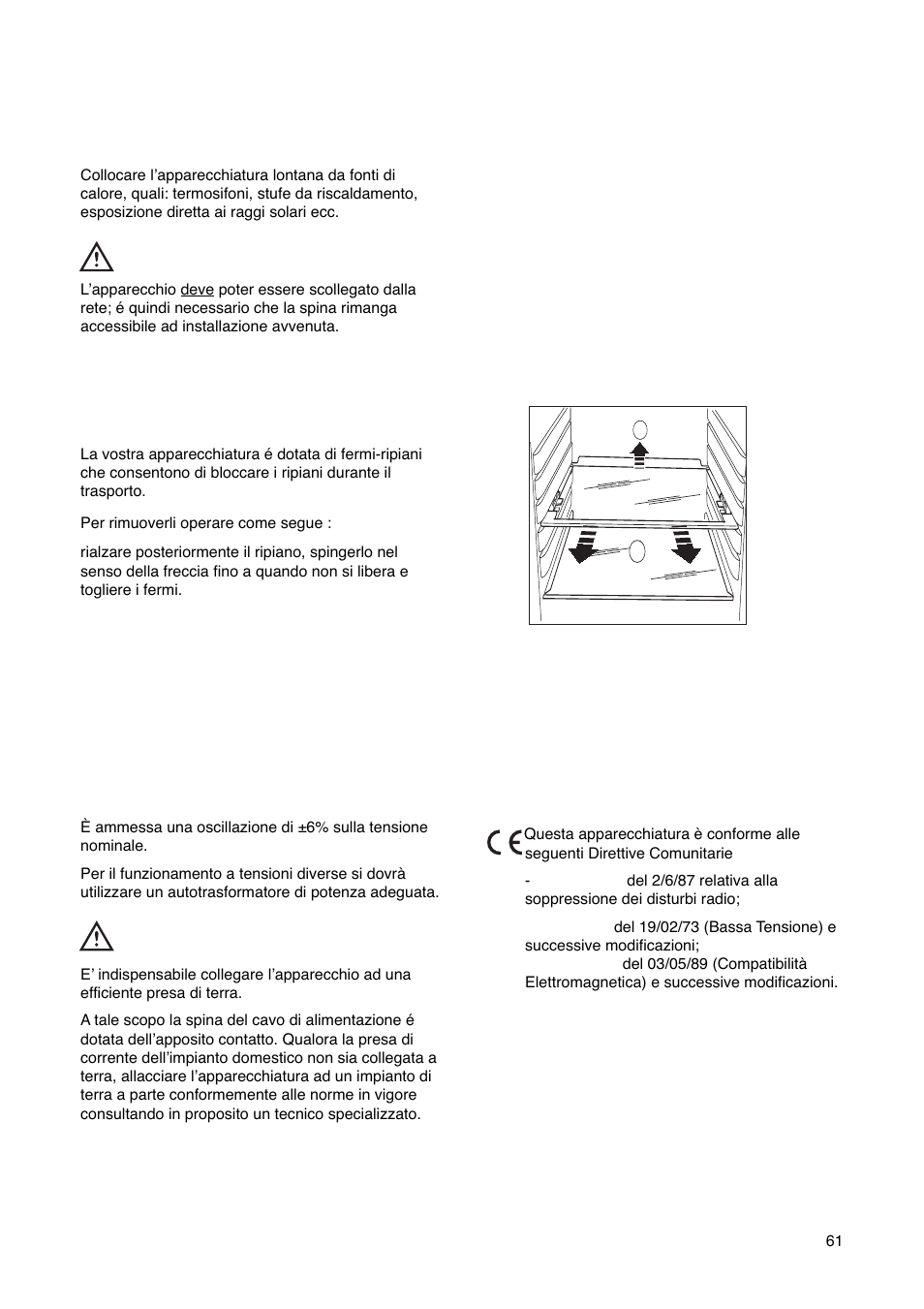 Installazione, Collegamento elettrico, Posizionamento | Fermi-ripiani | Electrolux ERN29651 User Manual | Page 61 / 84