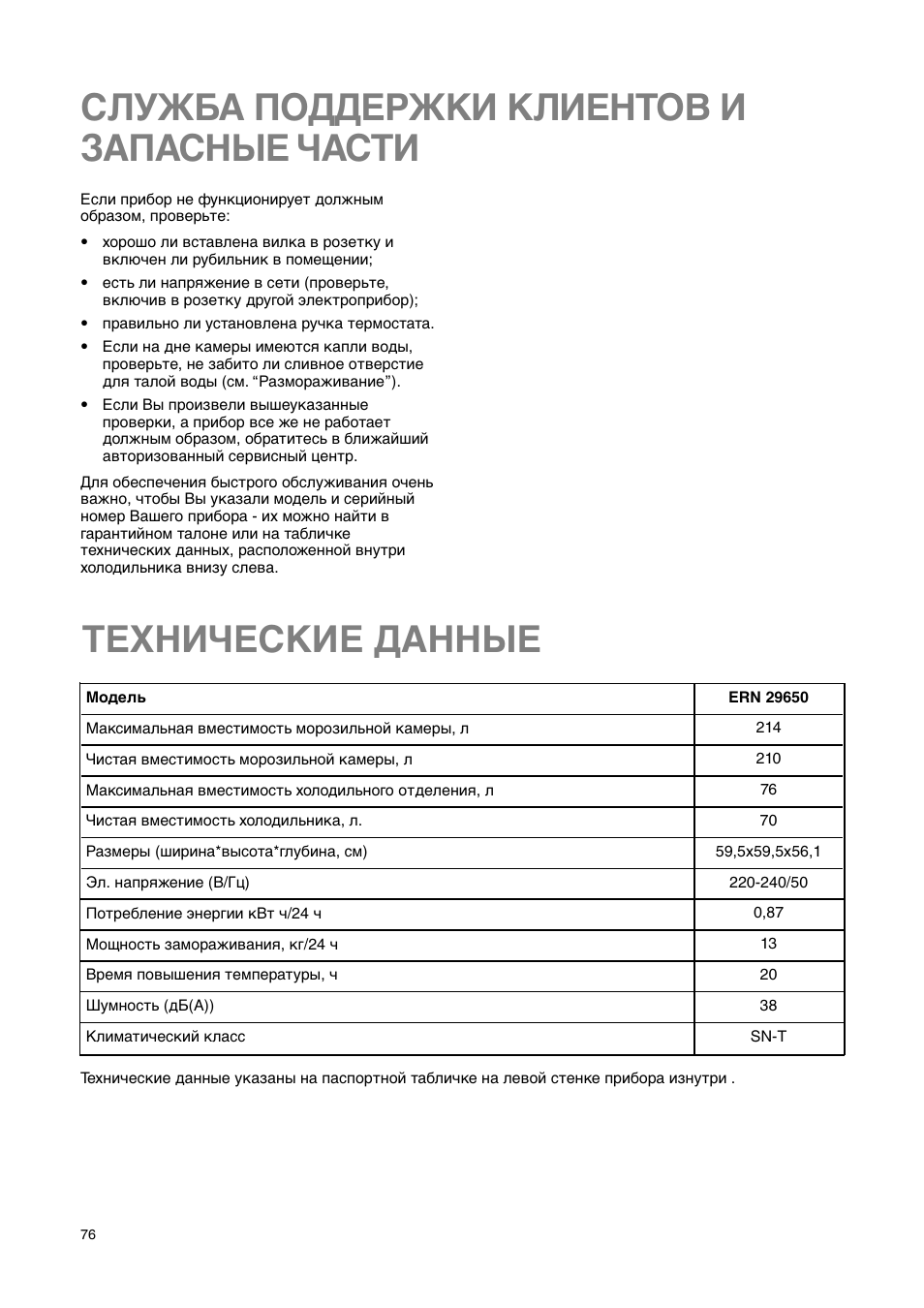 Служба поддержки клиентов и запасные части, Технические данные | Electrolux ERN29651 User Manual | Page 76 / 84