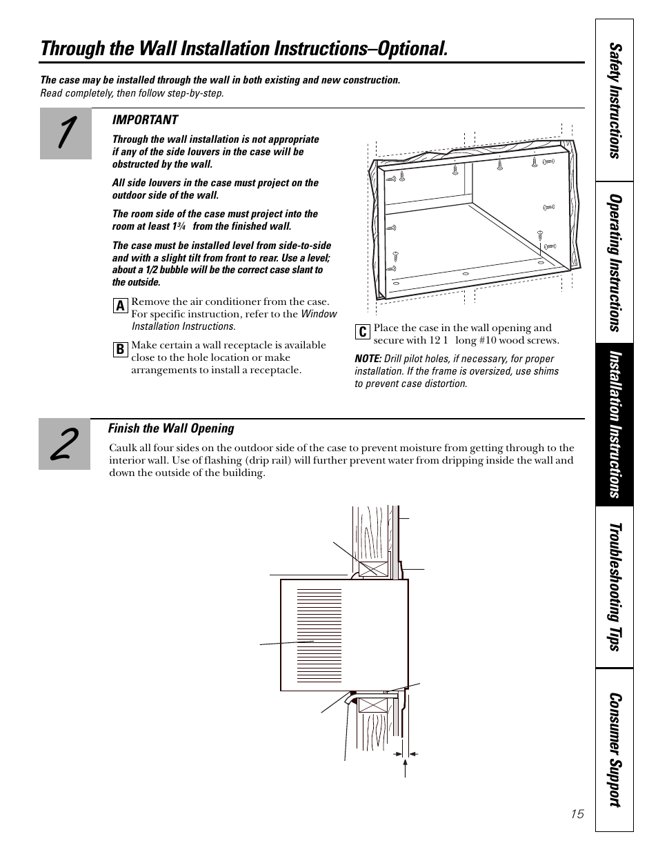 Through the wall installation–optional, Through the wall, Installation–optional | GE 49-7400 User Manual | Page 15 / 20