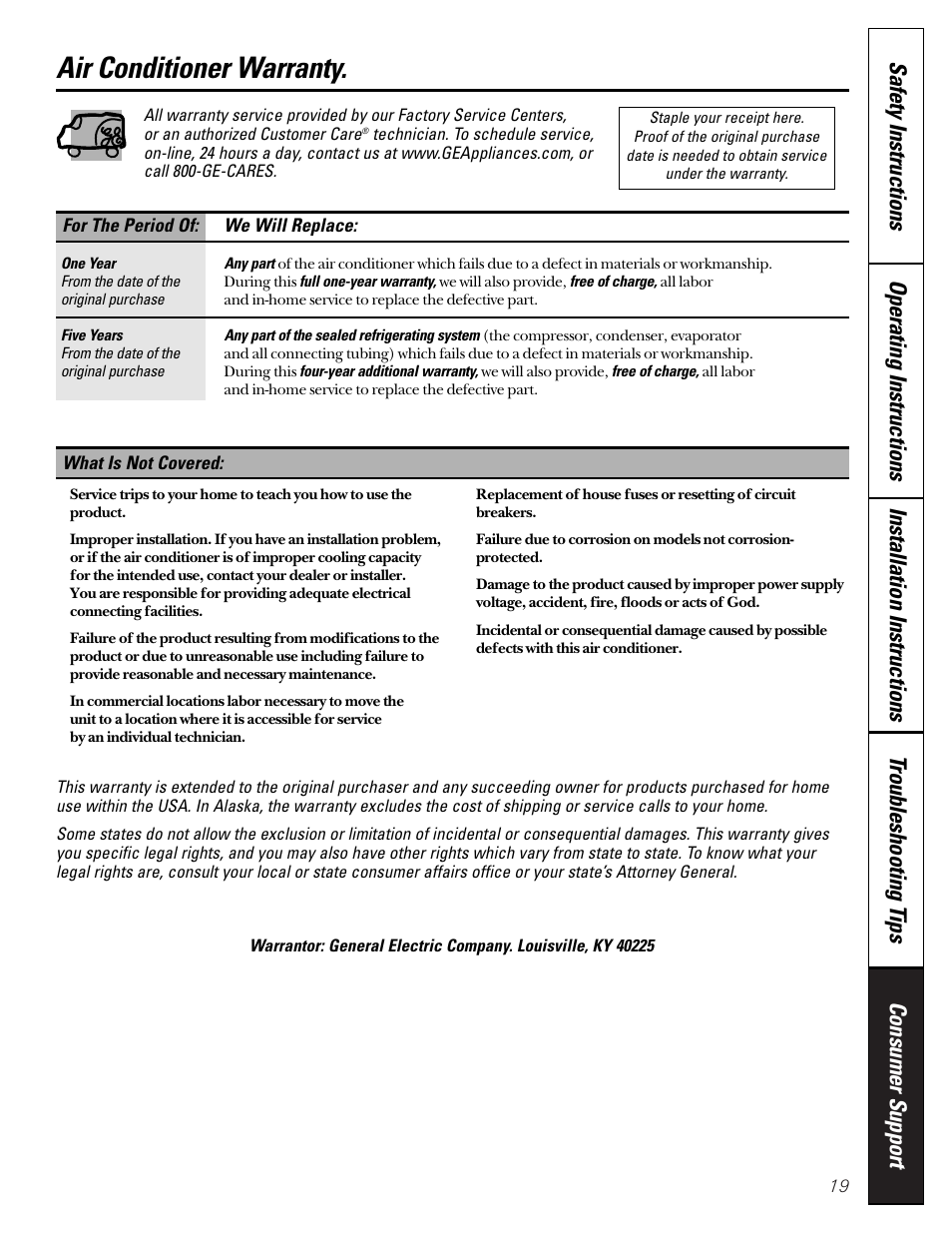 Warranty, Air conditioner warranty | GE 49-7400 User Manual | Page 19 / 20