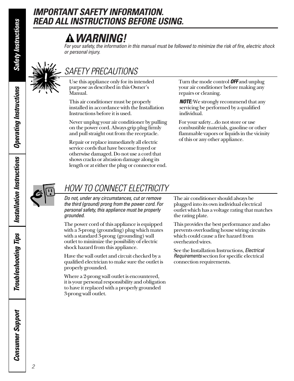 Connect electricity, Safety precautions, Warning | How to connect electricity | GE 49-7400 User Manual | Page 2 / 20