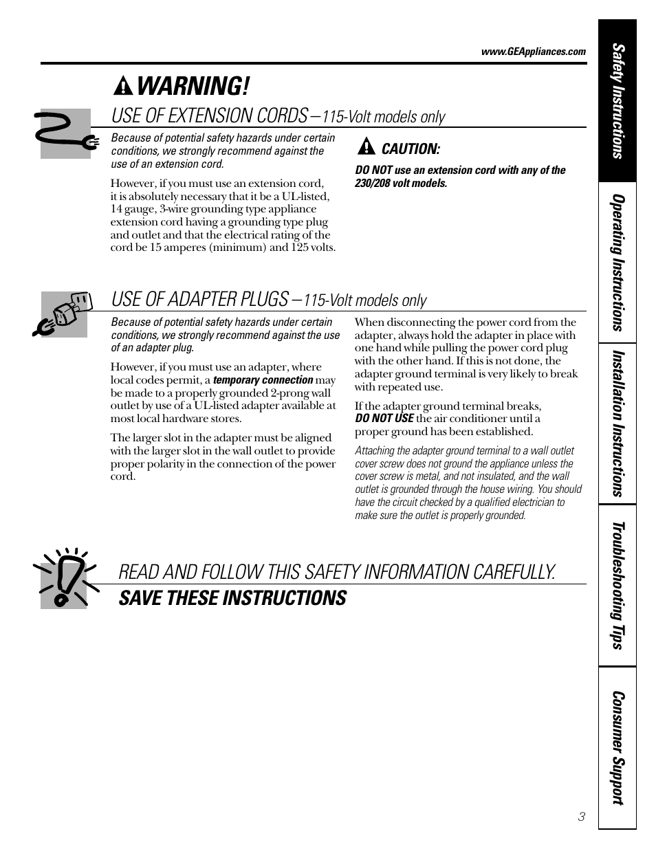 Adapter plugs, Extension cords, Warning | Use of extension cords, Use of adapter plugs, Volt models only | GE 49-7400 User Manual | Page 3 / 20
