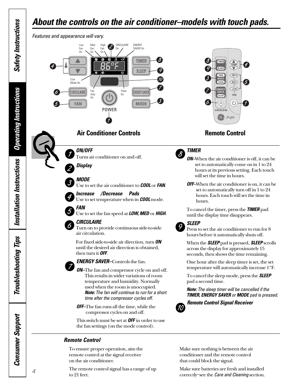 Controls—touch pads, Controls—touch pads , 5, Air conditioner controls remote control | GE 49-7400 User Manual | Page 4 / 20
